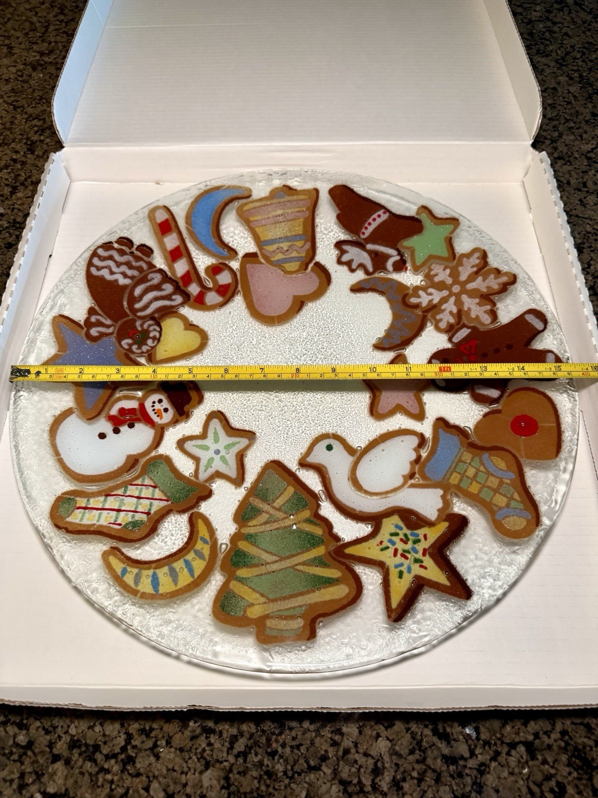 Peggy Karr Glass Serving Plate Platter Christmas Holiday Cookies 15.5” Tree Bell