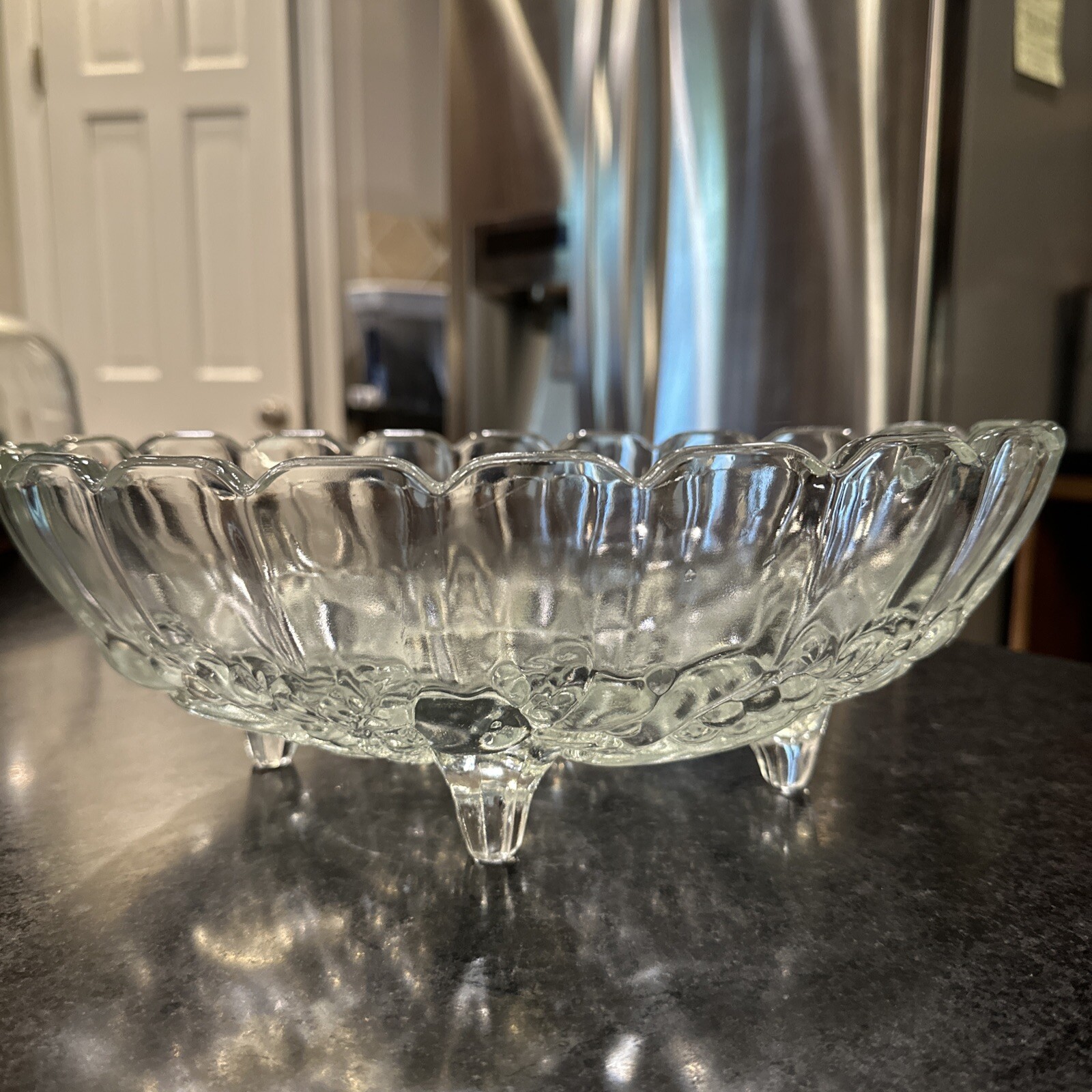 Fruit or Centerpiece Bowl ~ Glass Embossed with Grapes and Leaves~ Oval Footed