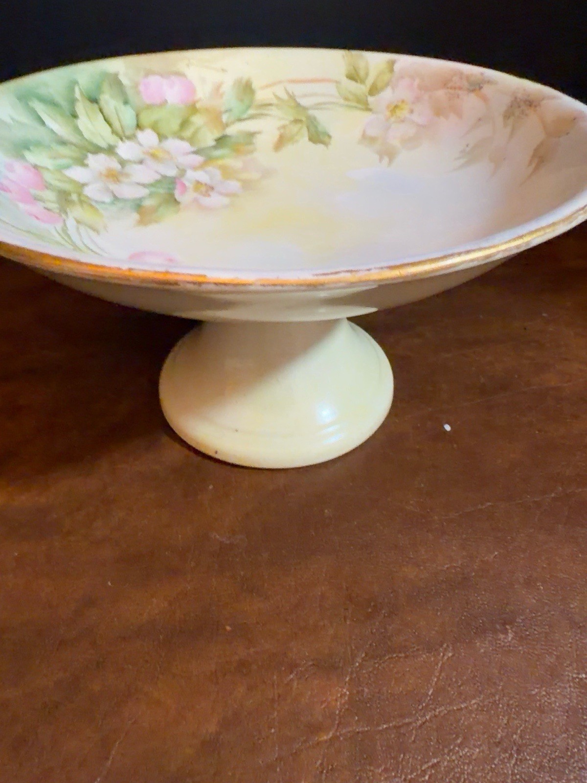 Antique Limoges Hand Painted Pedestal Compote W/ Delicate Floral + Gold Decor