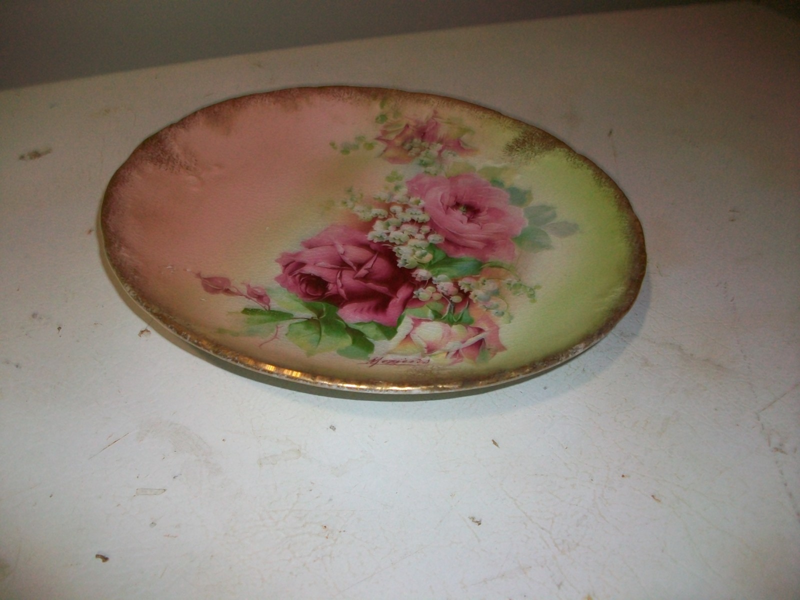 Antique French Limoges Porcelain Plate 8.5″-signed Mezieres-Pink roses 1900’s