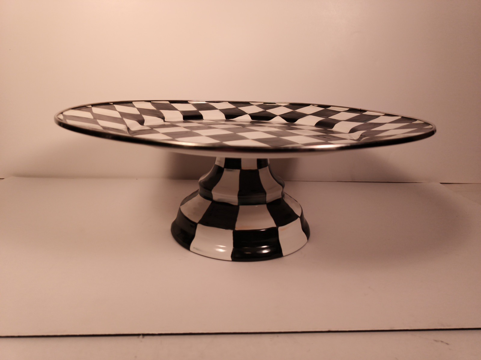 MacKenzie-Childs Courtly Check Large 16″ Round Pedestal Platter Great Condition
