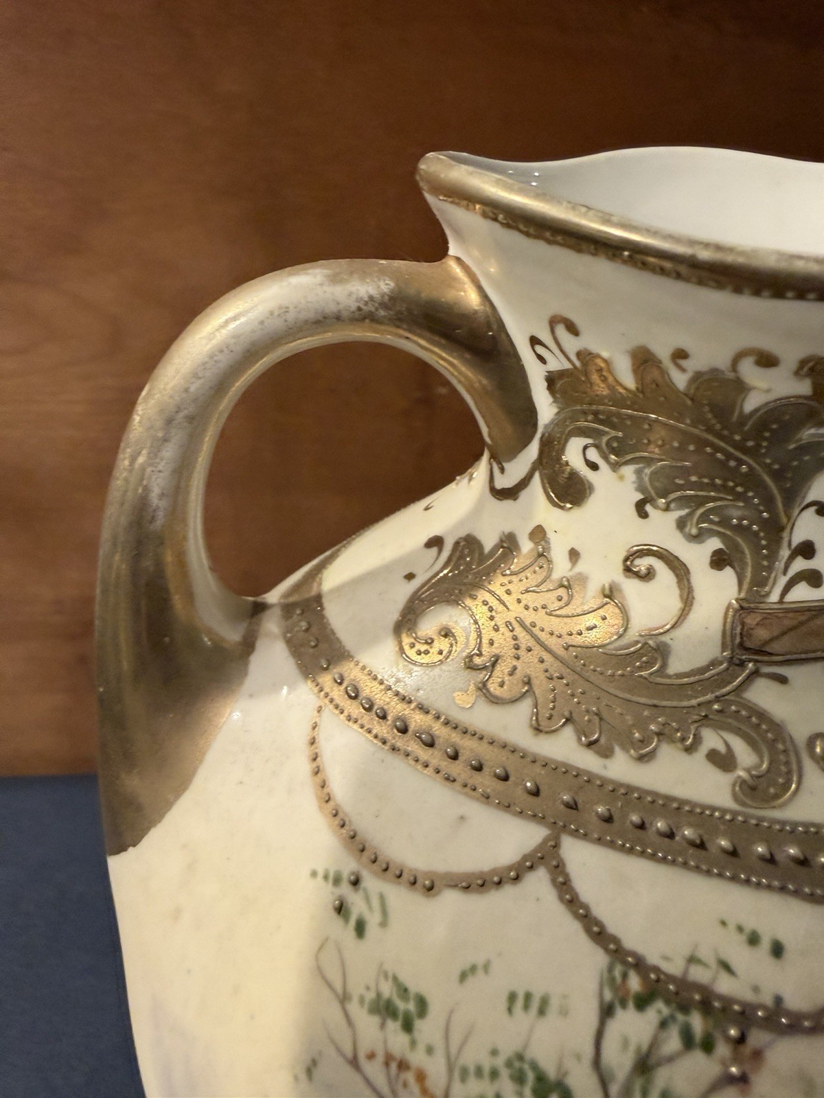 Antique Nippon Hand Painted Scenic Double Handle Vase Gold Gilt Moriage 11”