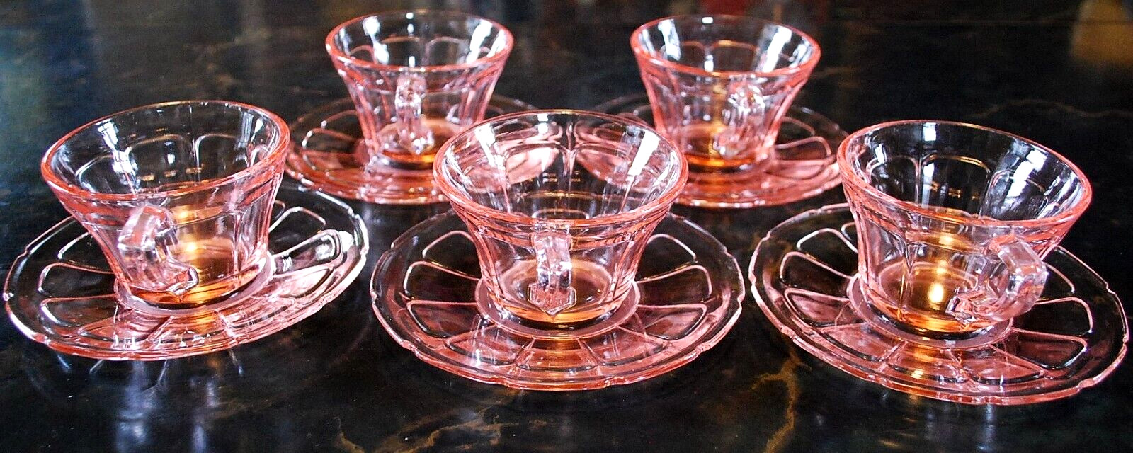 Vtg Set 5 ‘VICTORY’ PINK DEPRESSION GLASS Cups/Matching Saucers c1930 By Diamond