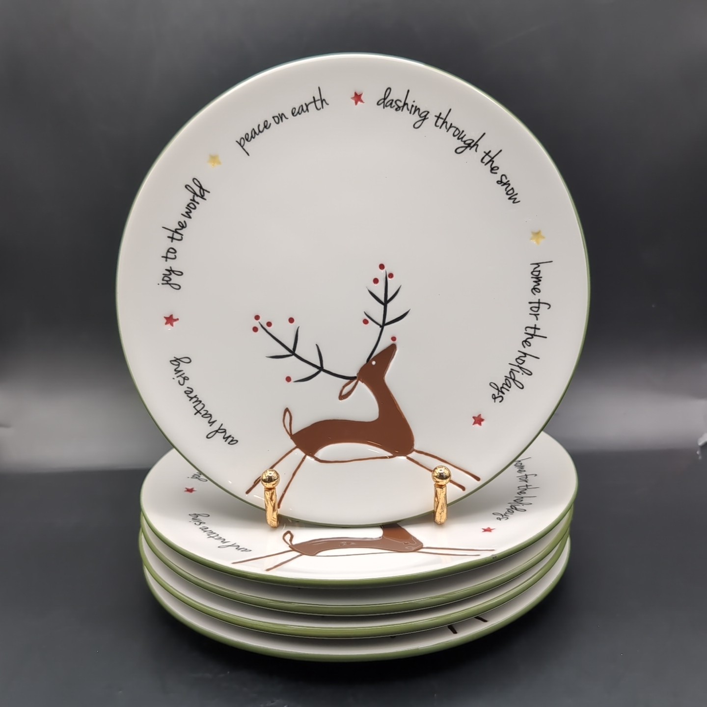 Set of 5 Holiday Home Christmas Salad Plates 8” Reindeer Joy Peace Earth Whimsic