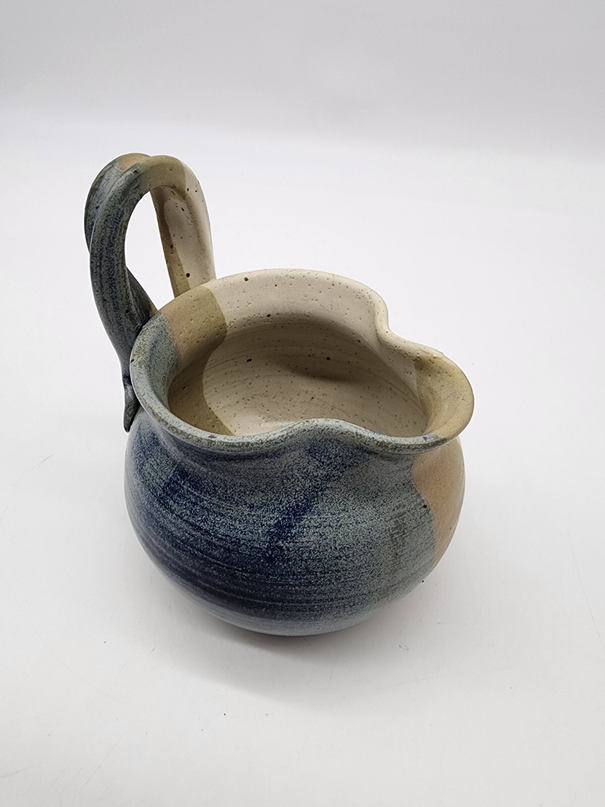 Art Pottery Small Pitcher creamer Signed Blue Tan white unique Shape