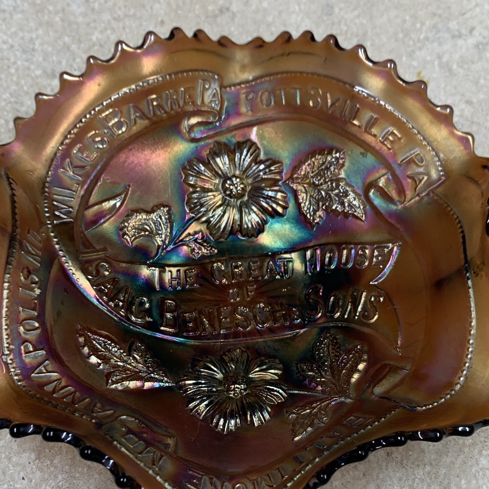 Carnival Glass Scalloped Advertising Bowl Isaac Benesch Sons 6”amethyst