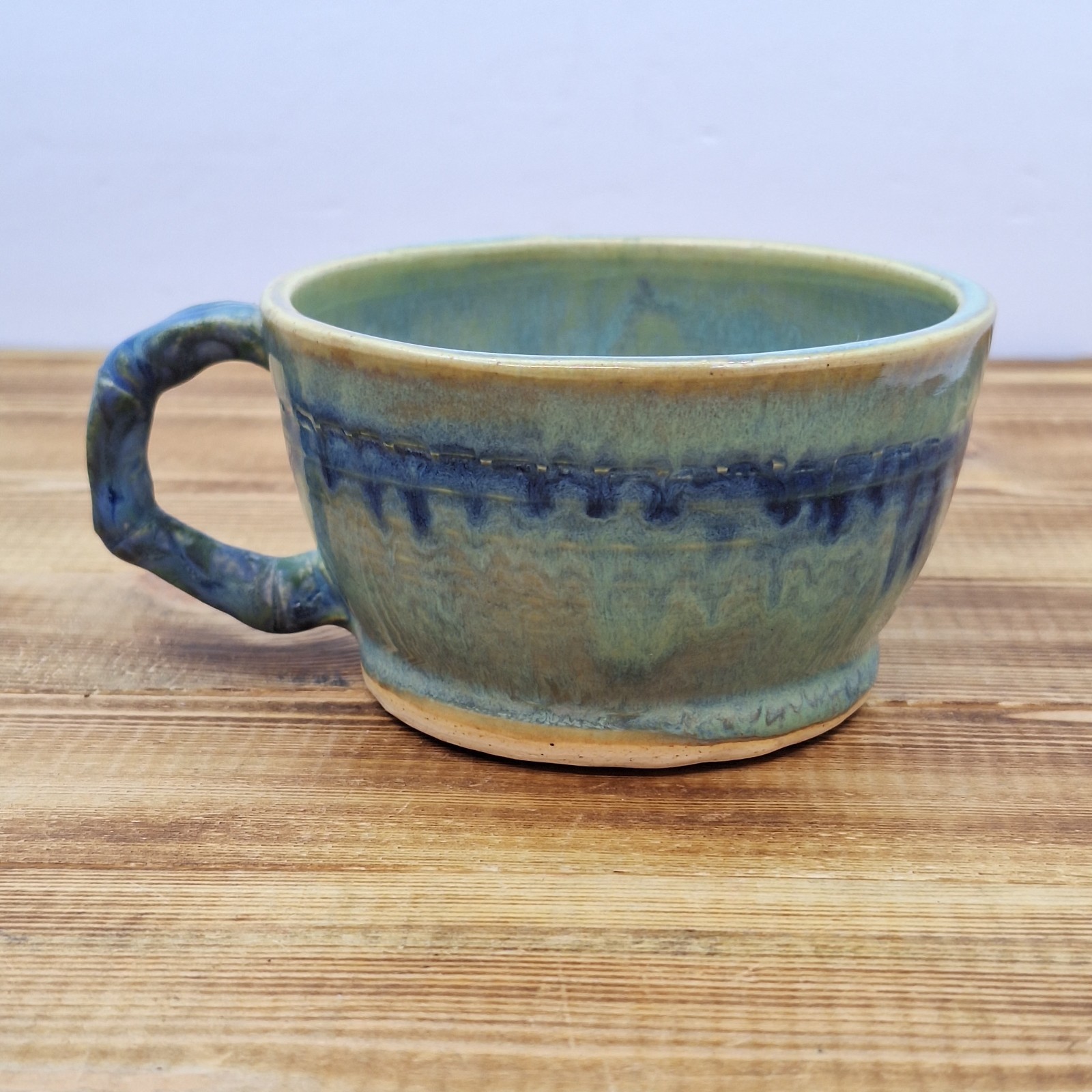 Vintage Hand Made Pottery Mug Signed Green Blue Neat Handle Signed