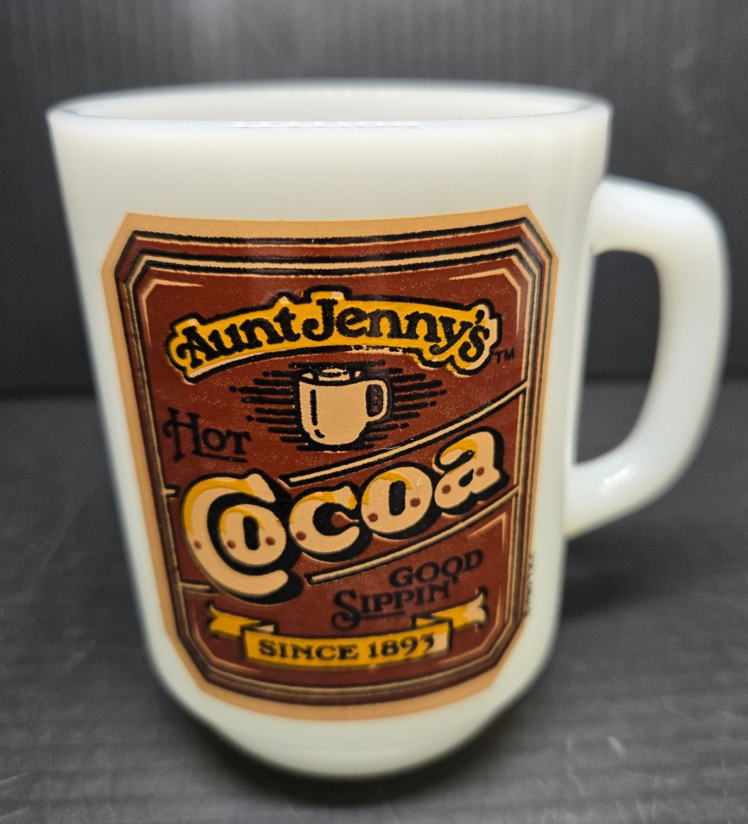Set of 3 Vintage 1980s Anchor Hocking Aunt Jenny’s Cocoa & Tea Milk Glass Mugs