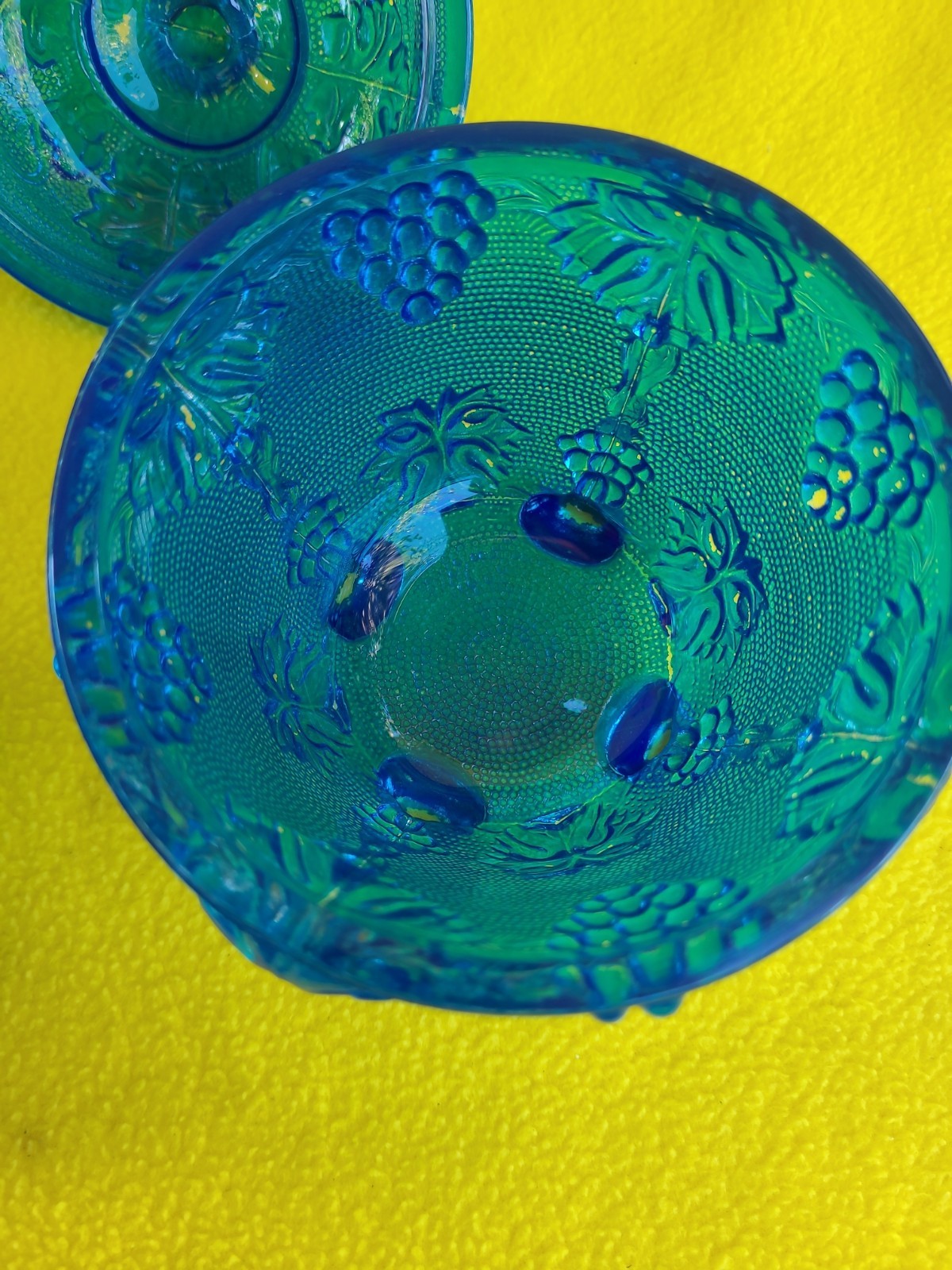 2 VTG 1950s Jeanette Glass Footed Covered Cobalt Blue Candy Dish Grape Leaf MCM