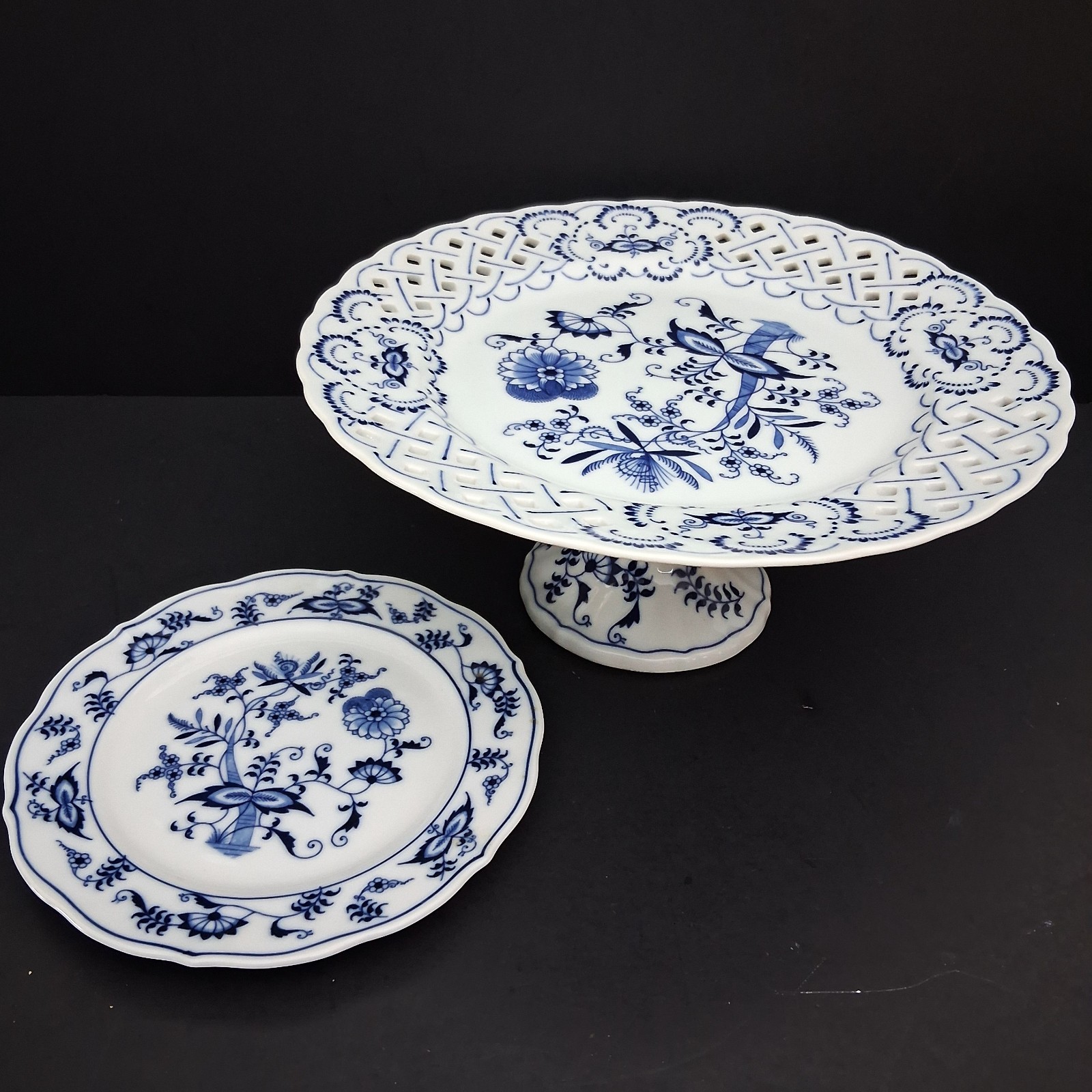 2PC Vintage Blue Danube Round Compote Meissen Pierced Pedestal Porcelain
