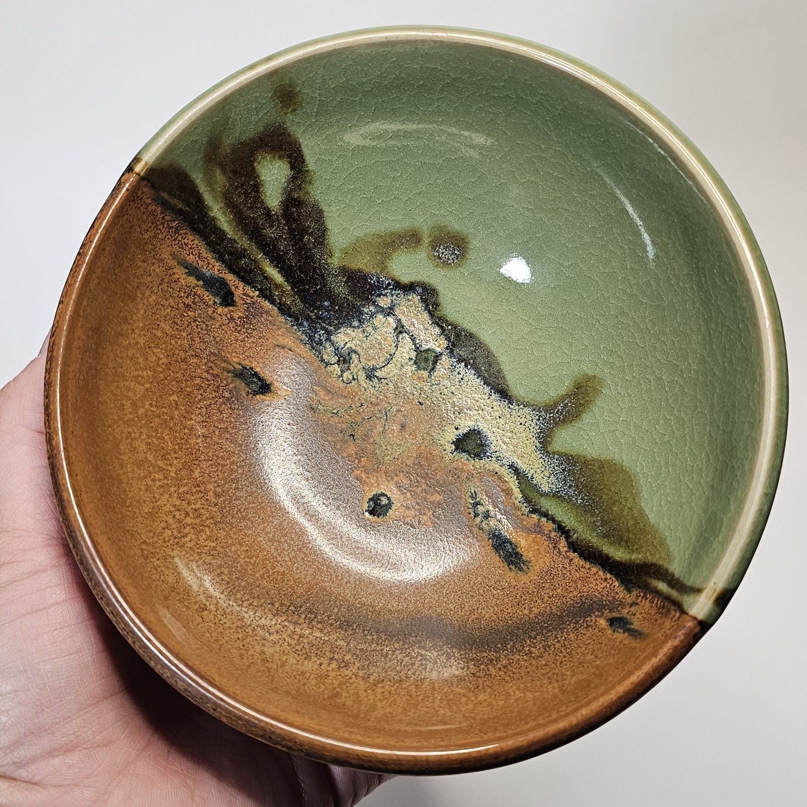Studio Art Pottery Golden Green & Brown Drip Crackle Glaze Ceramic Bowl