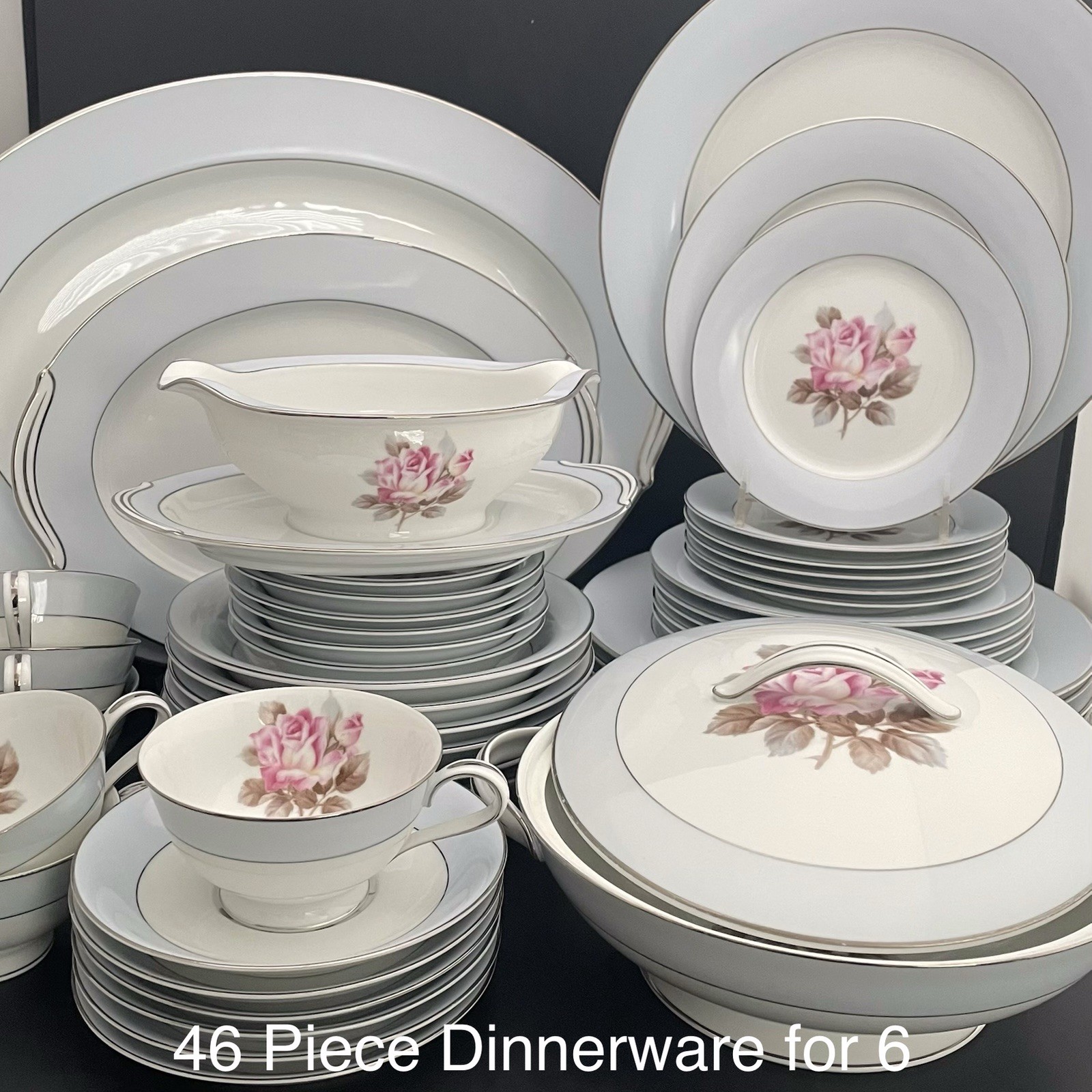 Noritake Nippon Toki Kaisha 1584 Rose Blue Platinum 46pc Dinnerware for 6 c1947
