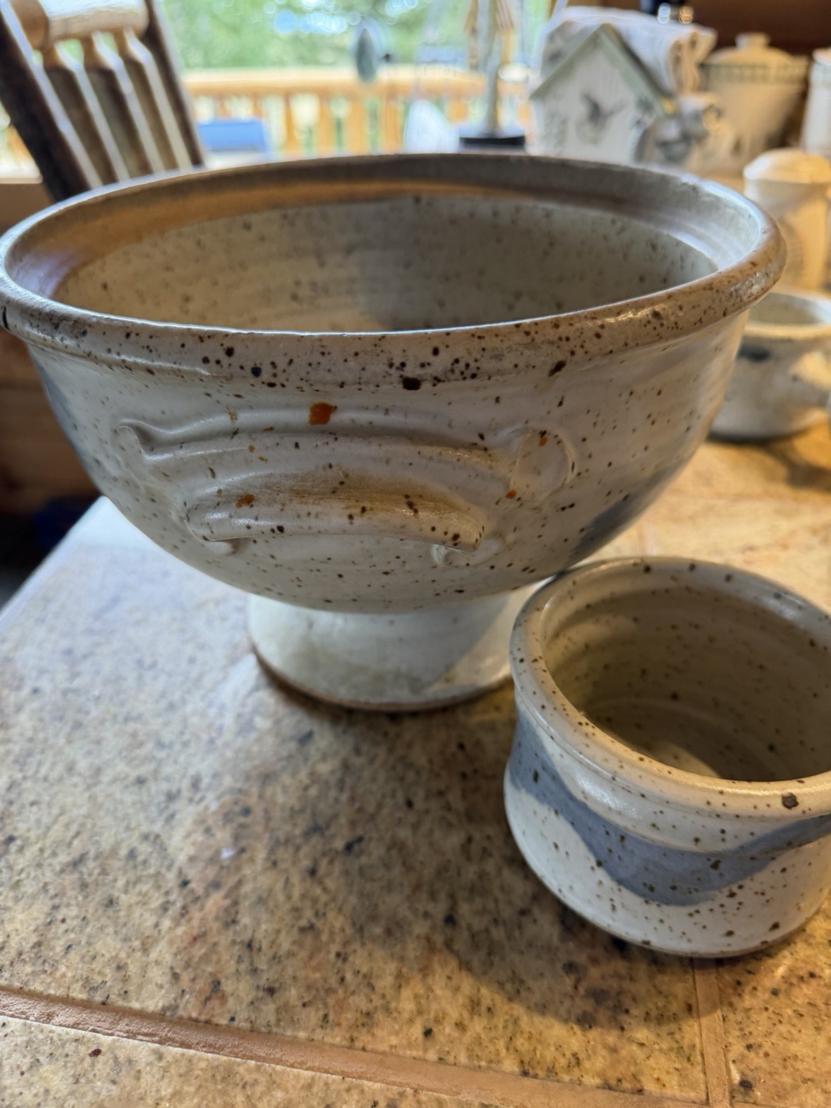 Handmade Speckled Stoneware Punch Bowl Set w/ Cups, Glossy Art Pottery