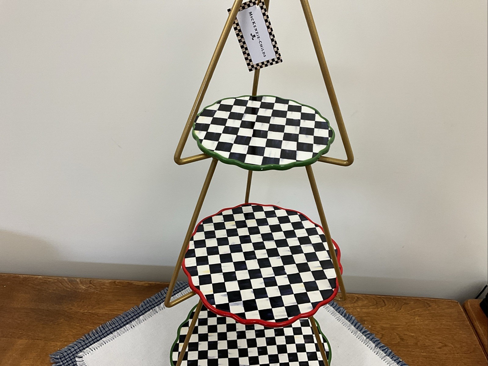 Mackenzie Childs Check It Out Three Tiered Plate Stand Tray Courtly NEW!