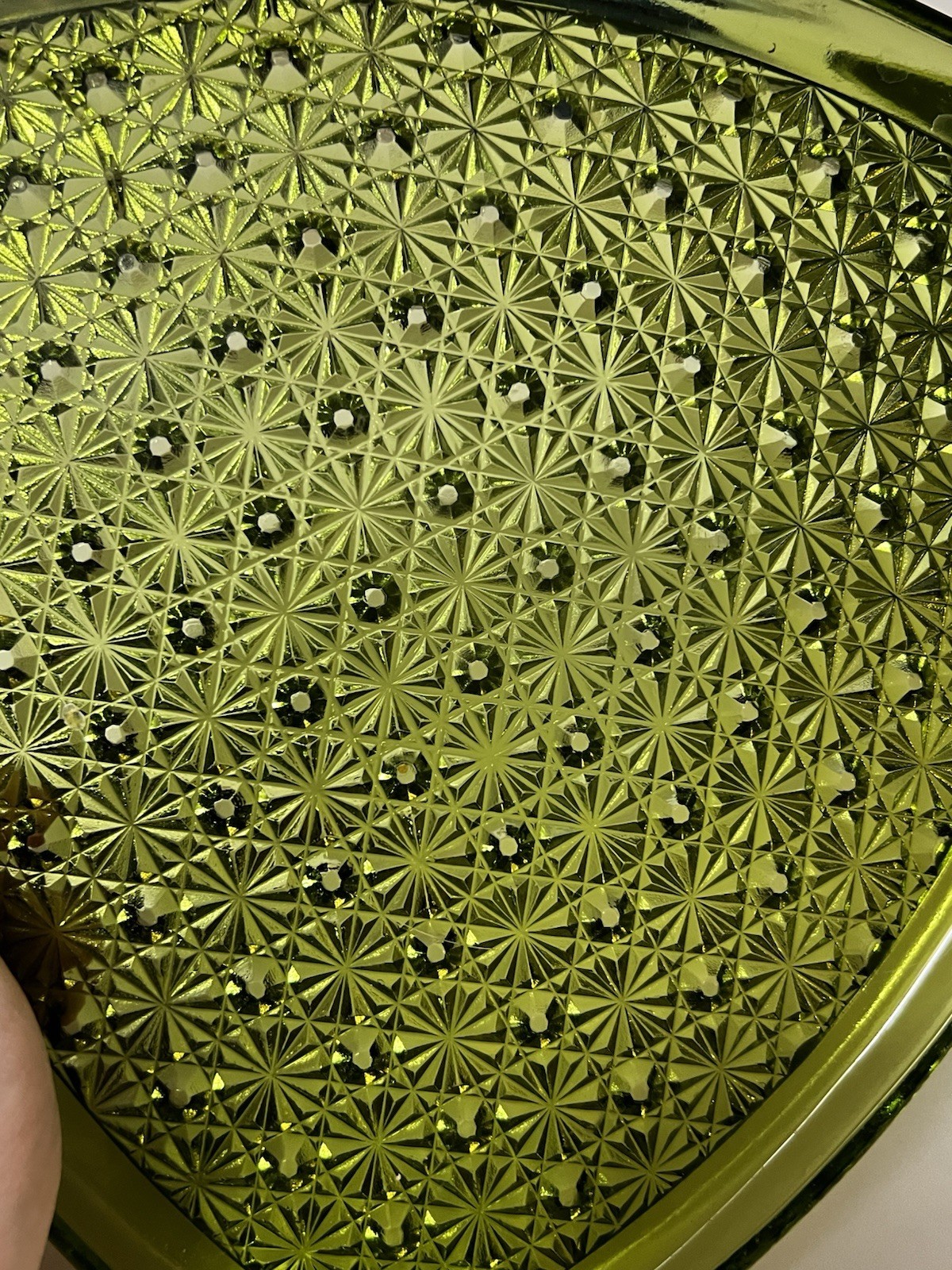 Vtg MCM Indiana Glass Daisy Button Avocado Olive Green Triangular Plate Set 3