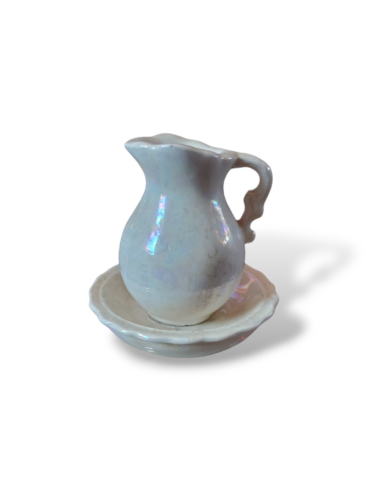 Vintage Miniature Creamer Pitcher And Saucer Set Floral Picture On Pitcher