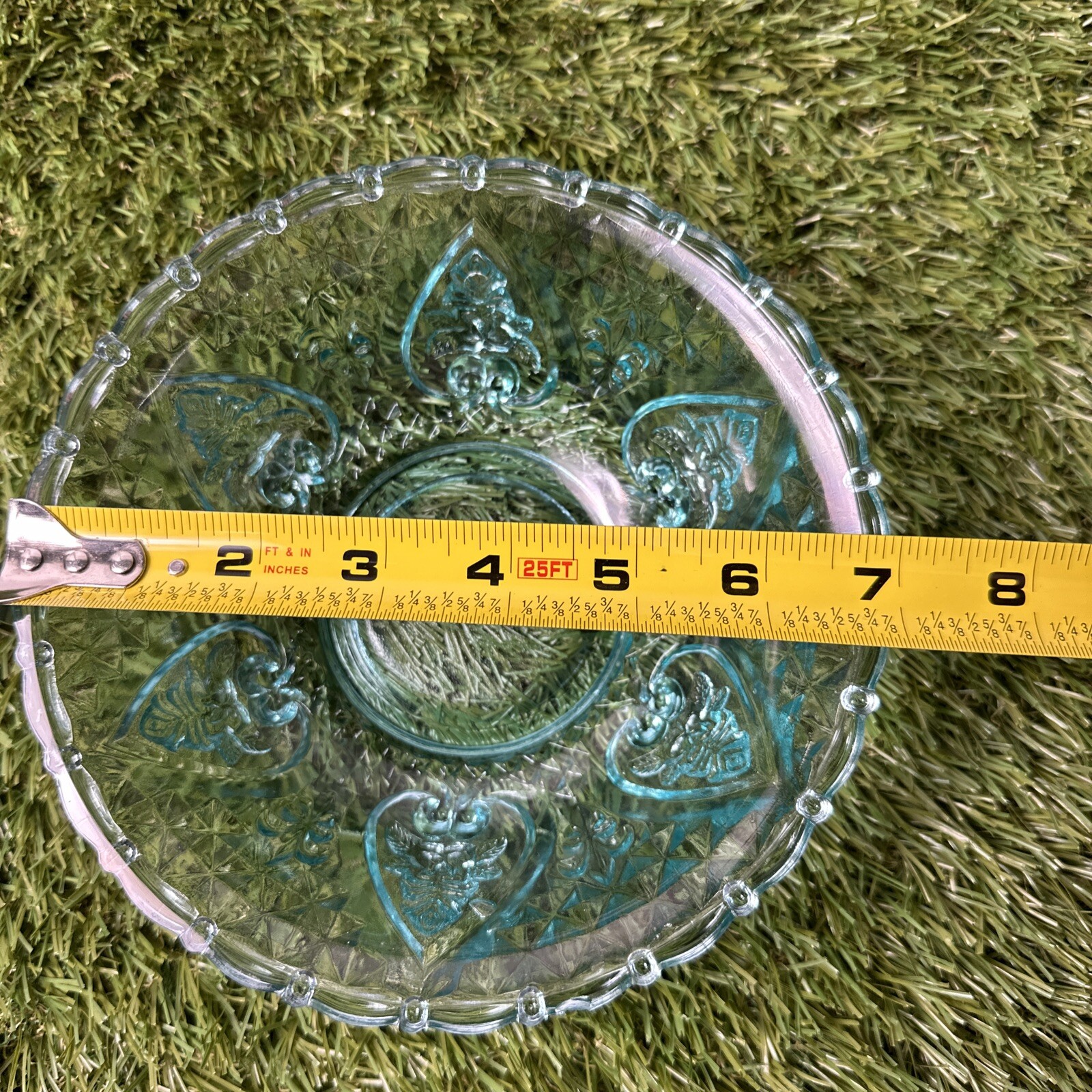 KIG Indonesia Turquoise Blue Candy Dish Pressed Beaded Glass Vintage MCM Roses