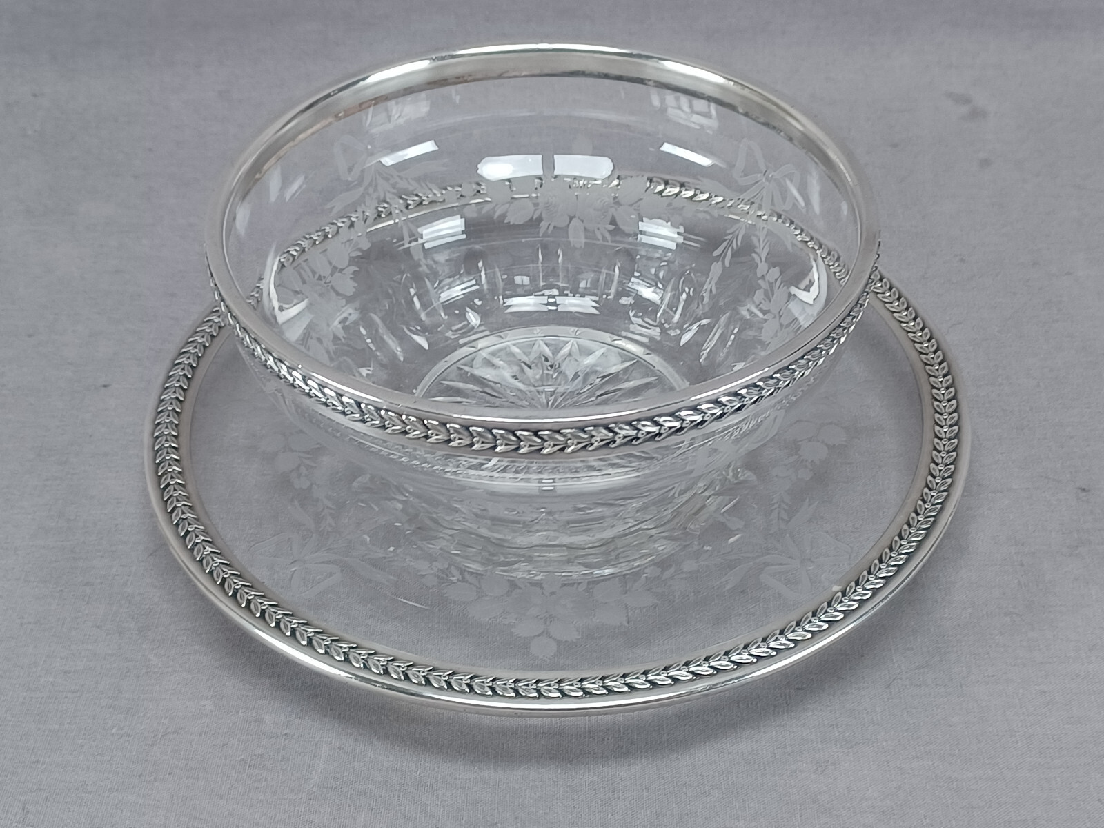 Emile Langlois Paris Engraved Rose Bows Glass Silver Rimmed Bowl & Under Plate