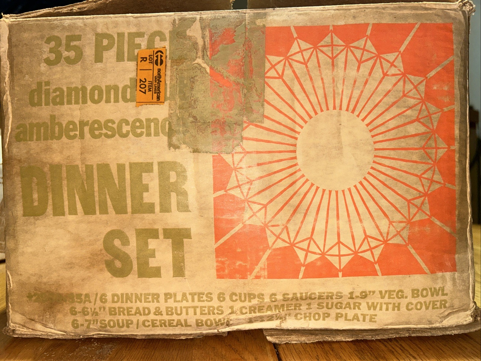 Vintage glass ware 35 Piece Set Jeannette Glass Co. Original Box gold orange