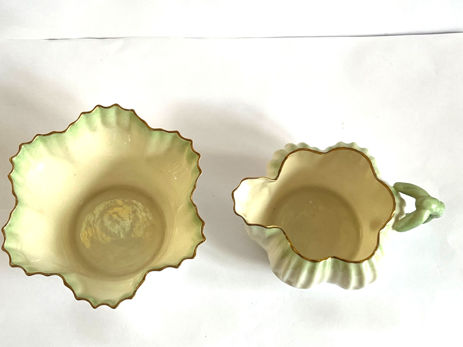 IRISH BELLEEK Creamer & Sugar HEXAGON w/Green Tint & Gilt Edge 2nd Black Mark