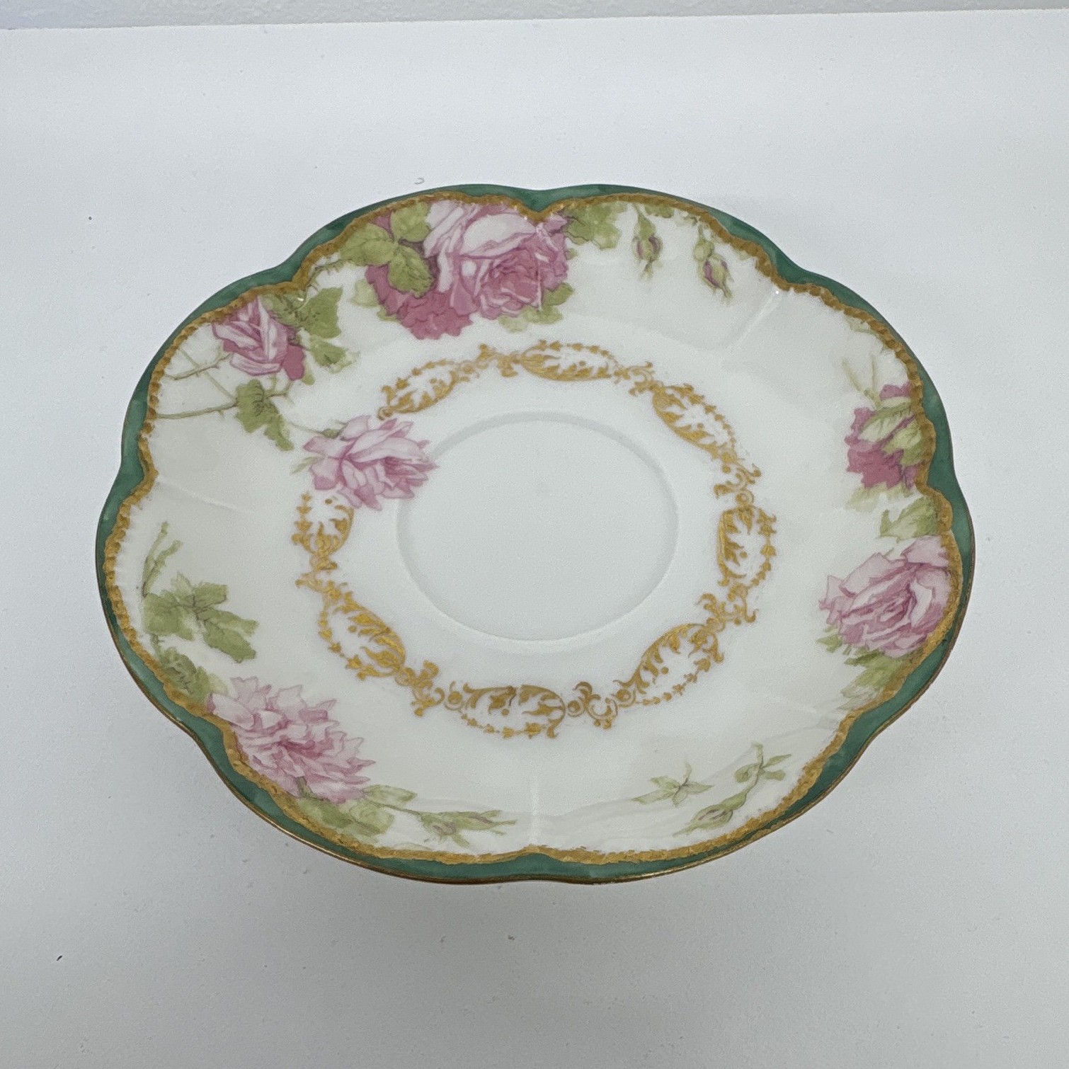 Haviland Limoges Floral Porcelain Saucer Green Rim Gold Trim 5 in