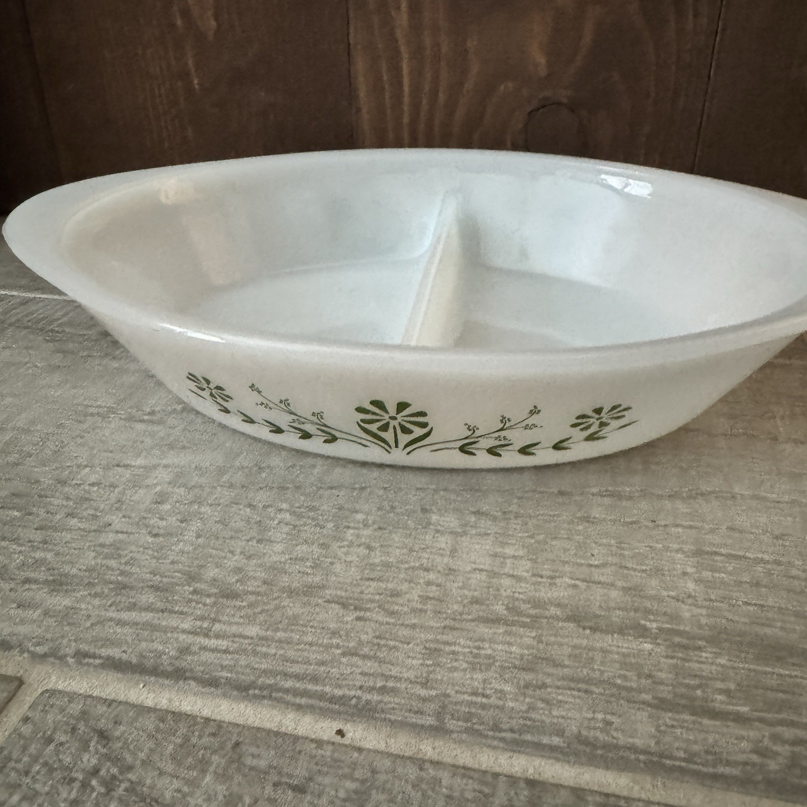Vtg Green Daisy Glasbake Divided Casserole Dish J2352 Milk Glass Oval USA