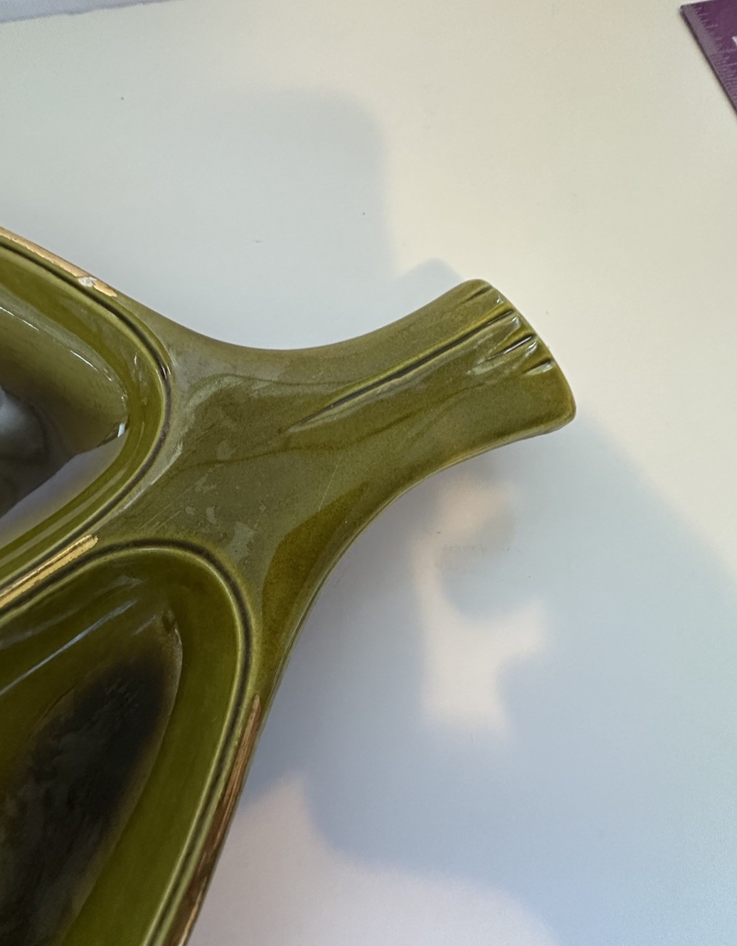 VTG MCM 1963 Treasure Craft Ceramic Gold Trim Green Leaf Platter