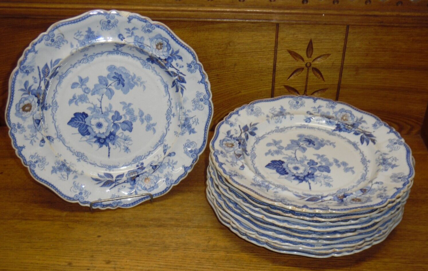 10 Antique English Blue Transfer Stone China Plates – Pekin Rose -ISSUES-10 3/8″
