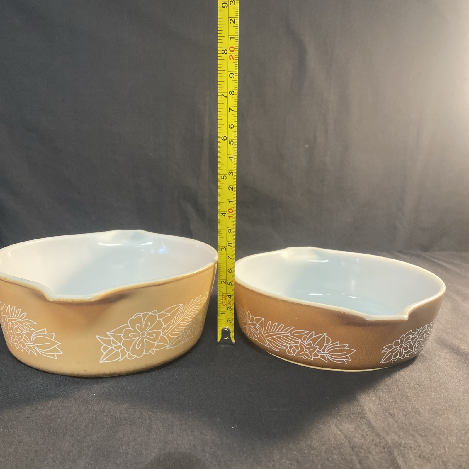 2 Vtg Pyrex Woodland 6” Casserole Dishes W/ Lid-Brown & Tan 2.5”/2”(472-B/471-B)