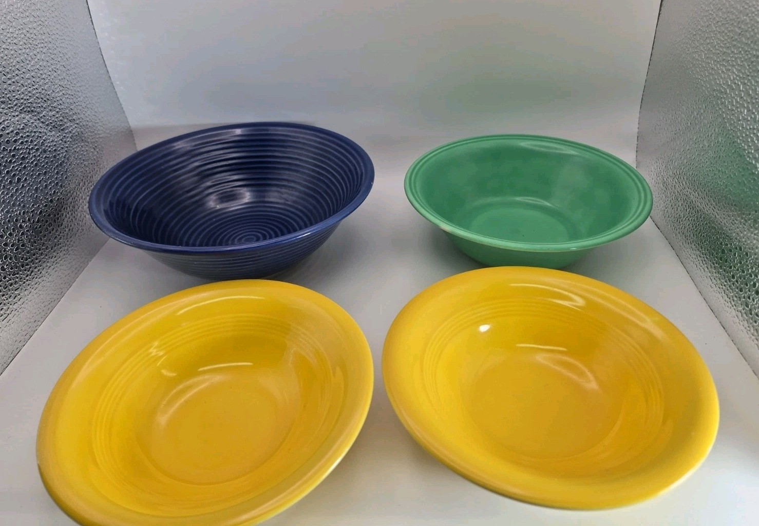 4 Vintage Ceramic Primary Stoneware Bowls Unmarked ~Cobalt Blue ~Green ~Yellow