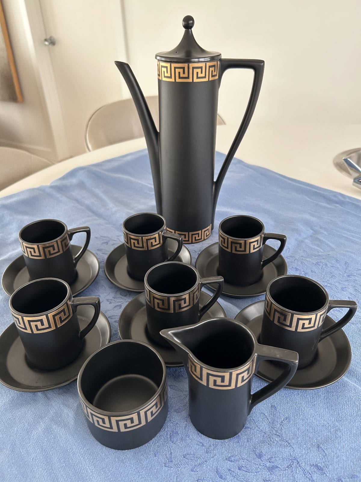 1960s VIntage Portmeirion Coffee/Tea Set in matte black & gold Greek Key Pattern