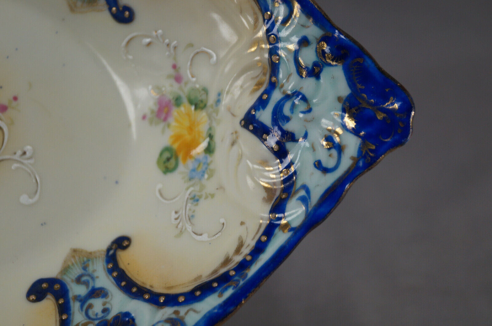 Nippon Hand Painted Floral Cobalt Blue Yellow & Gold Beaded & Scrollwork Bowl