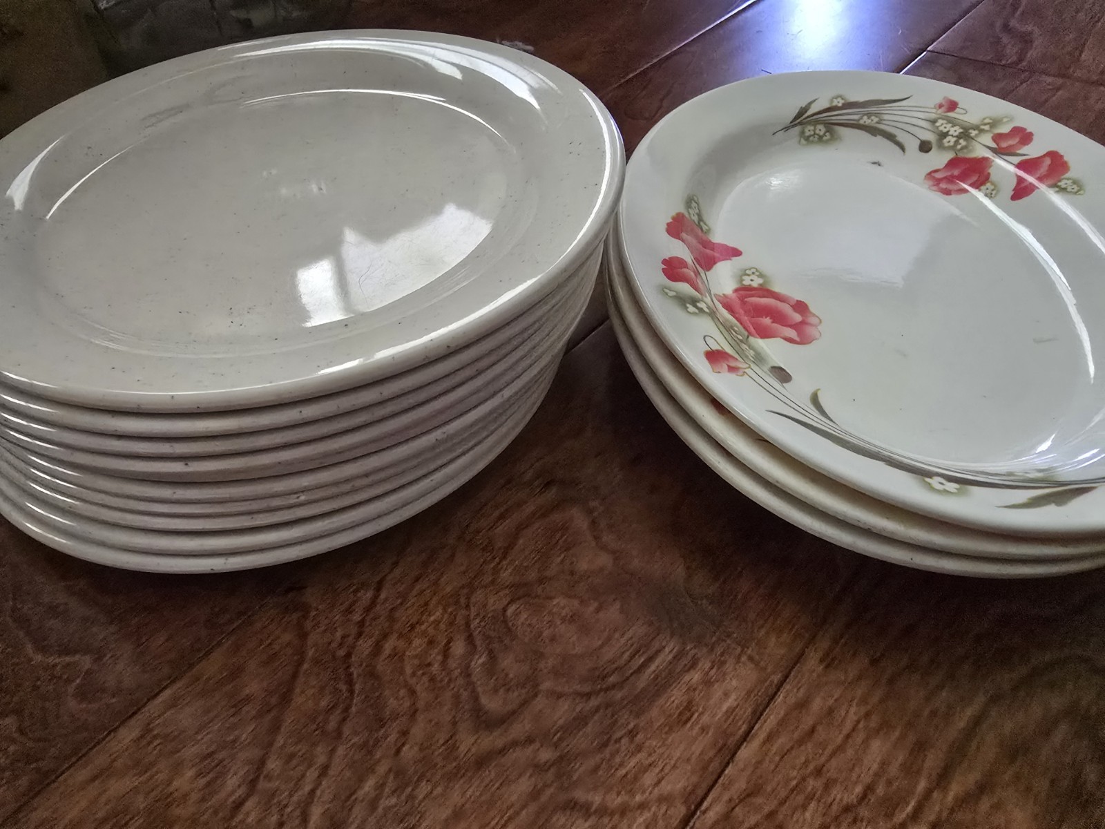 Unmarked Floral Round Ceramic Plate, White with Pink & Green Flower Design