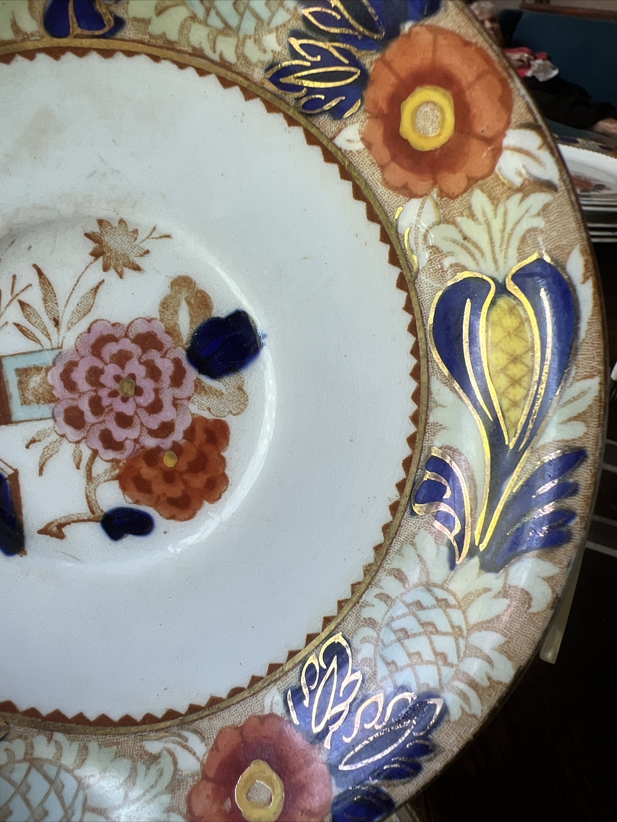 Vintage Wood Sons WINCANTON 3 Saucers Blue Rust gold trim Woods Ware