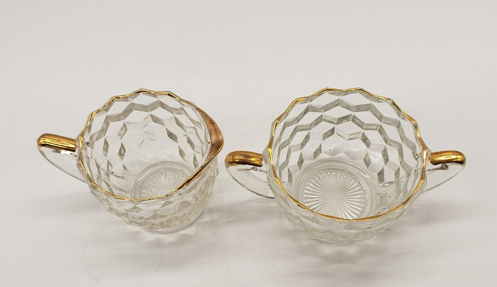 Vintage Depression Clear Glass- Cubist Pattern Sugar Bowl and Creamer gold trim