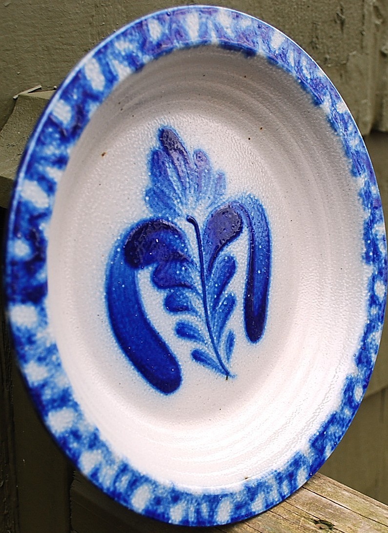 Vtg Studio Handcrafted FOLK ART Pottery Dish/Plate BLUE SALT GLAZE Signed Dated