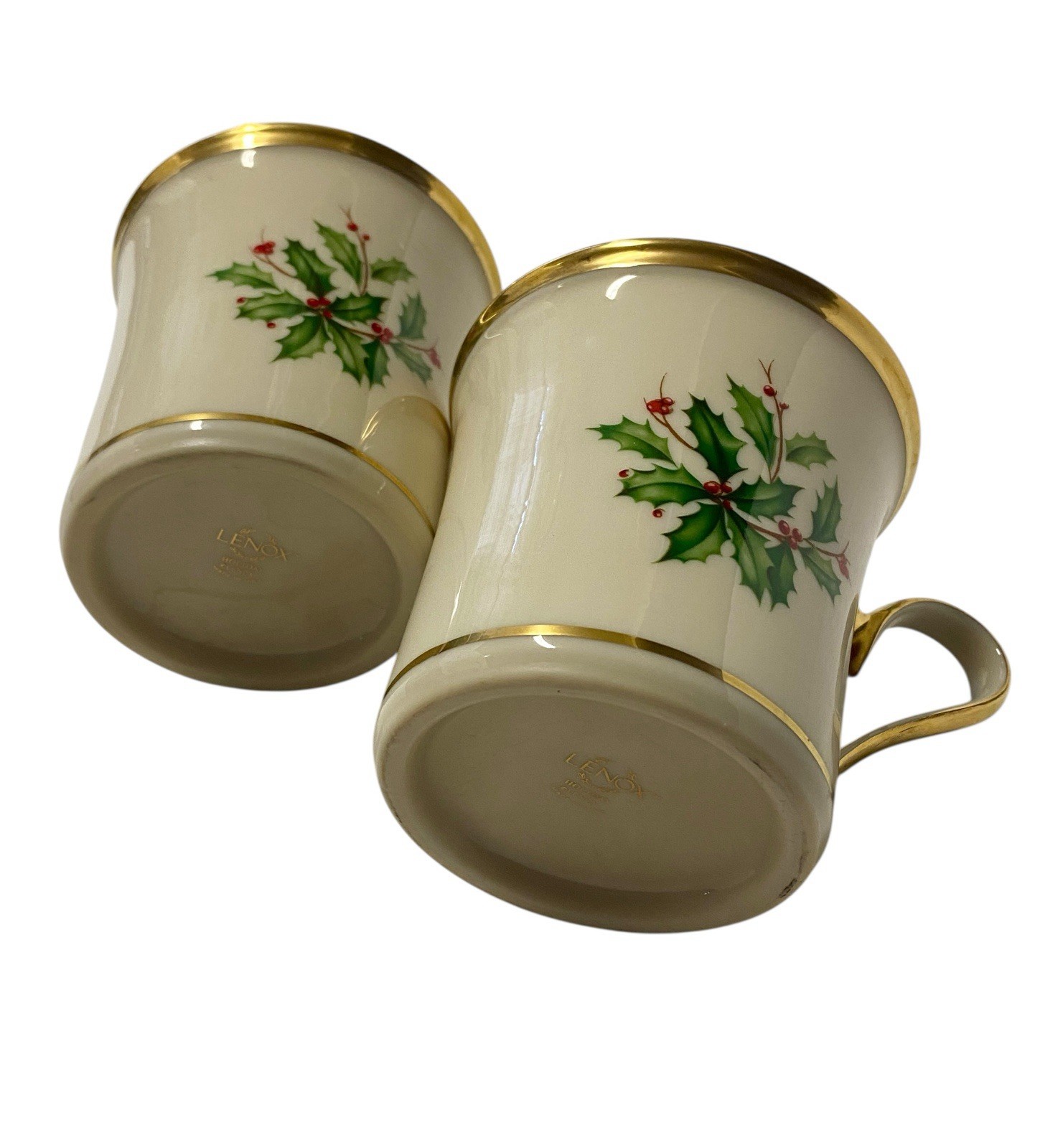 Lenox Holiday Porcelain Mugs Set Of 2 Holly Berries 24K Gold Trim Made In USA