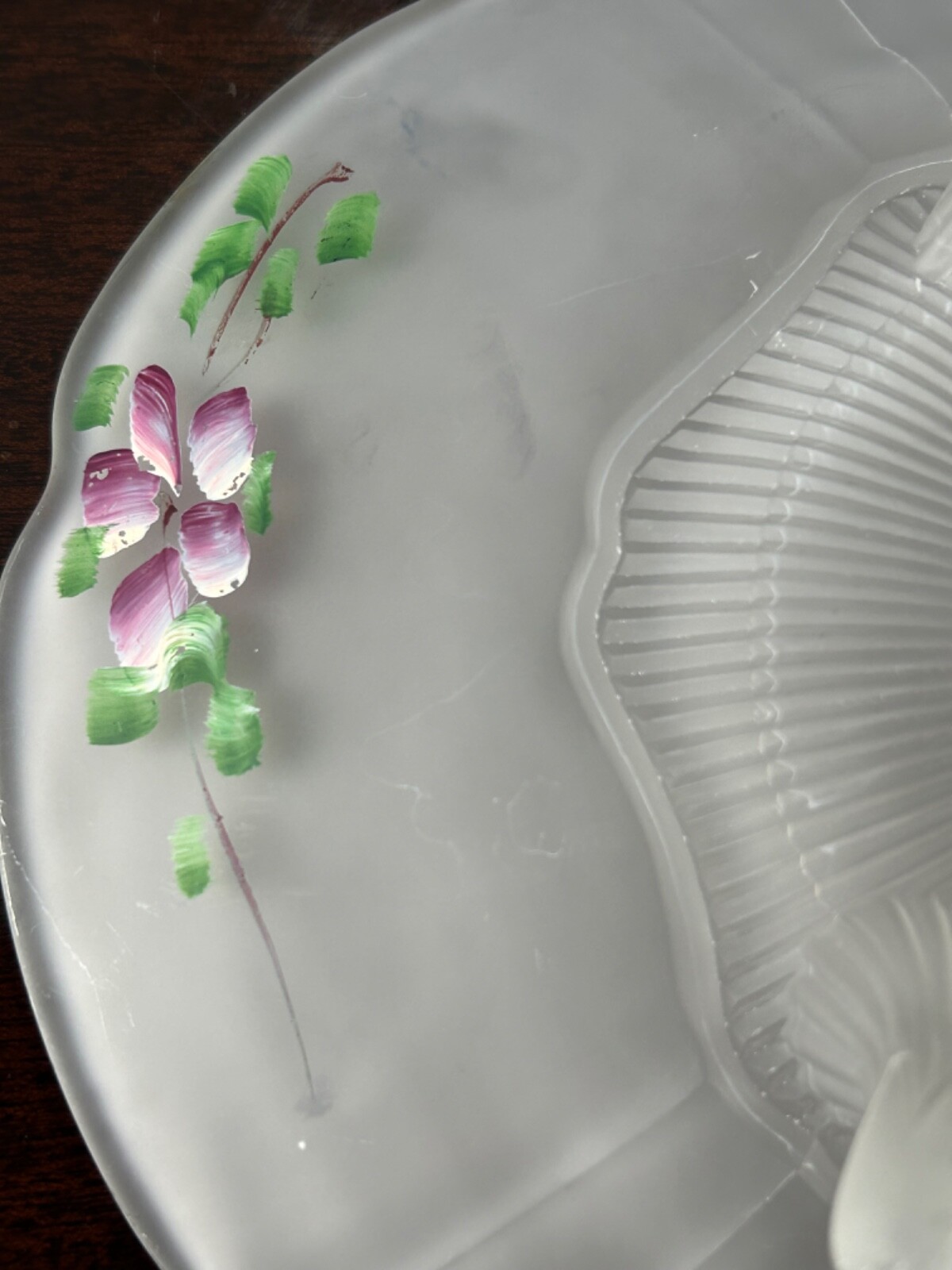 Vintage Lancaster Glass Hand Painted 3 Toed Frosted Bowl 10” Kay Fruit Bowl
