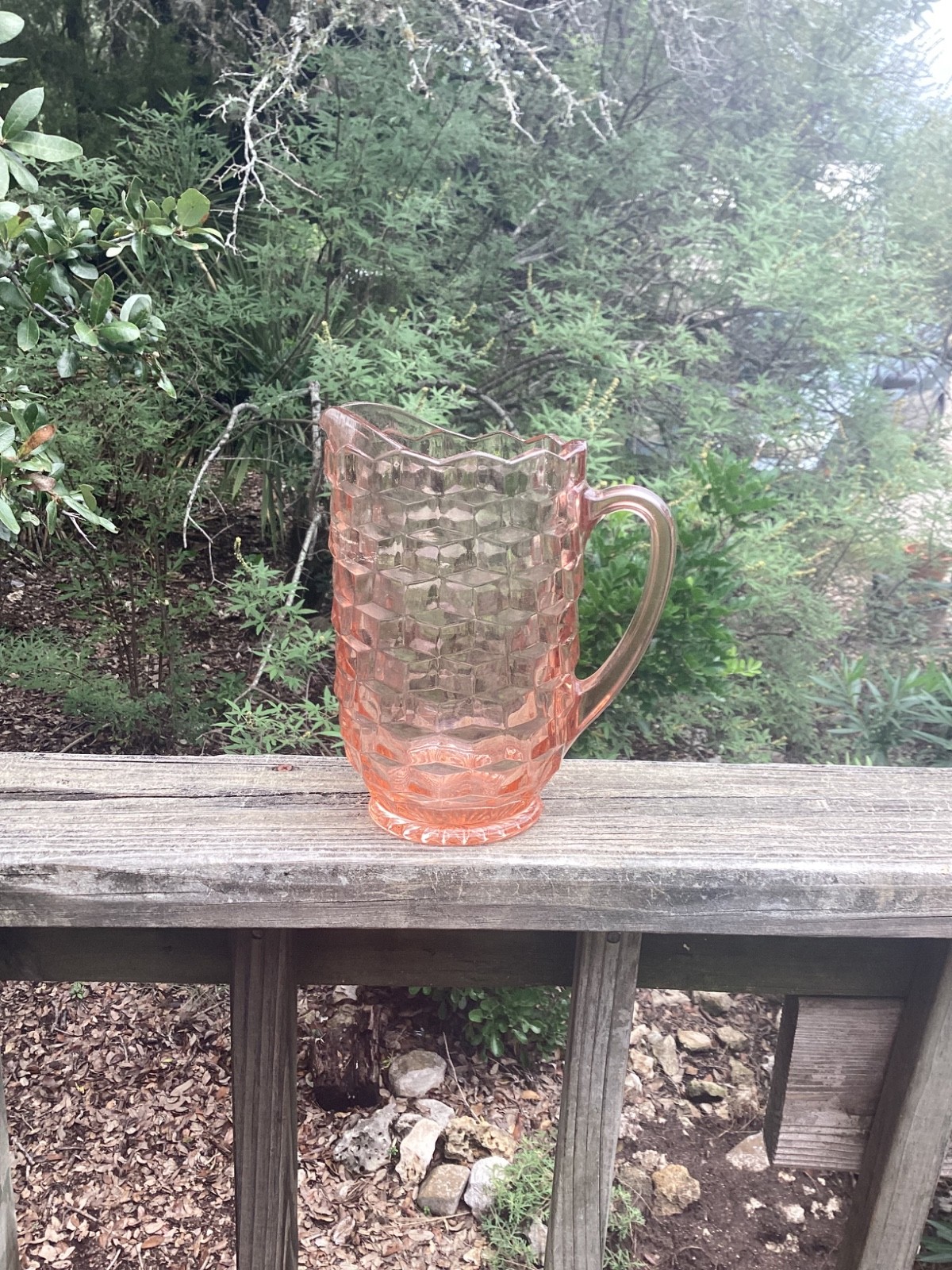 Vintage Fosteria Pitcher Pink Cubist Colony Depression Style 8″