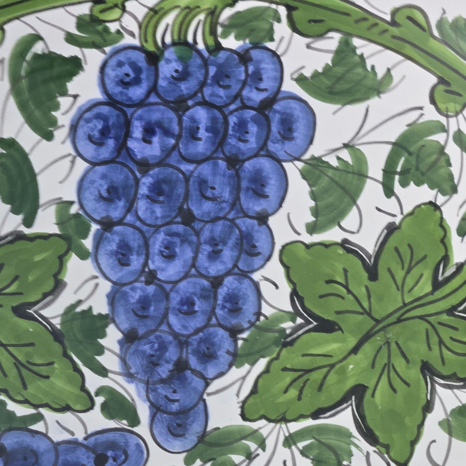 Vintage Le Souk Ceramique Tunisian Hand-Painted Pottery Bowl Blue Grapes Leaves