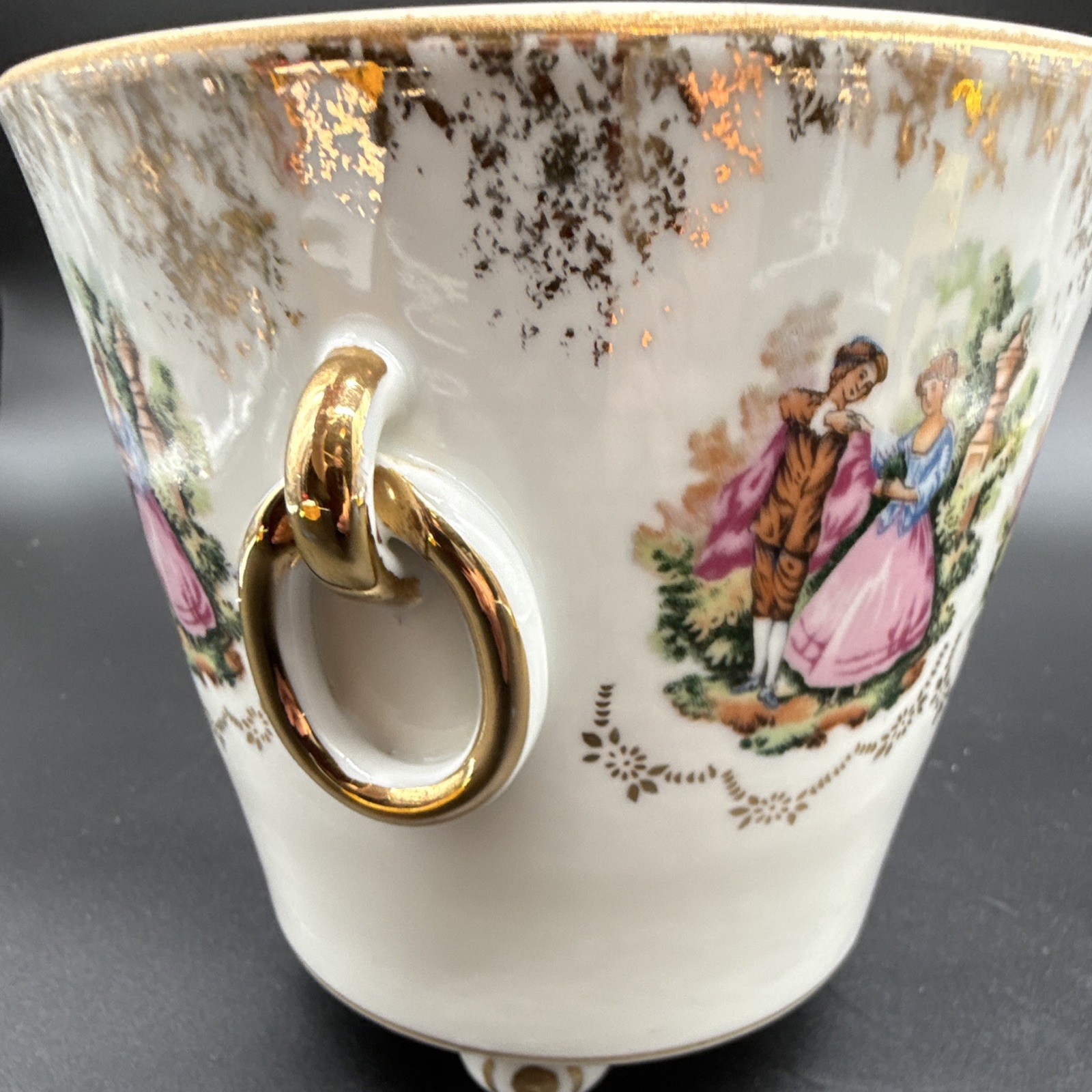 Japan White Ceramic Footed Bowl Gold Ring Handles Courting Couple 5in