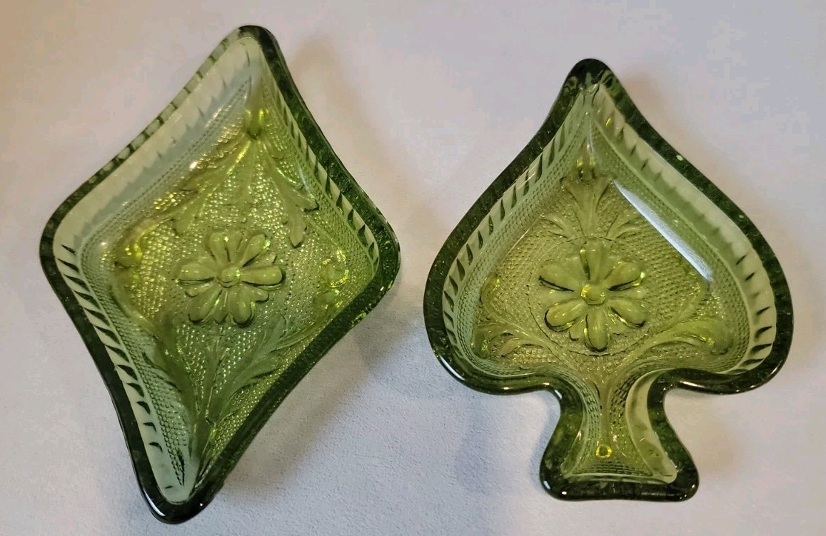 Vintage Indiana Glass Tiara Sandwich Green Spade Diamond Nut Trinket Dishes