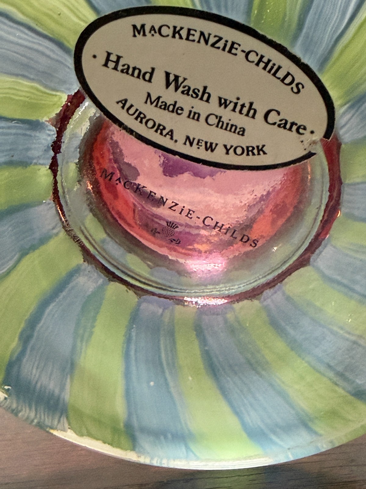 MacKenzie-Childs Glass Cake Stand Pedestal Plate Floral Courtly Check 9.5″