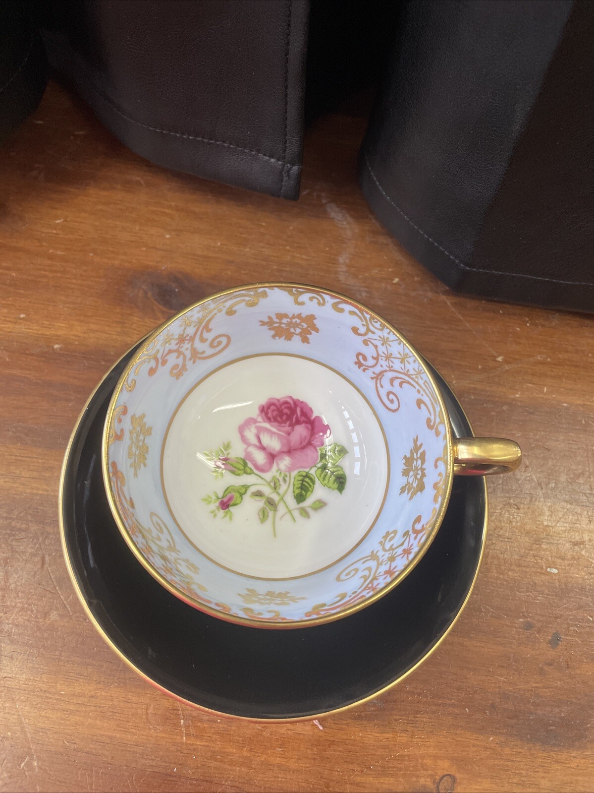 Antique Rare English Windsor Black Gilded Floating Rose Teacup & Saucer Set