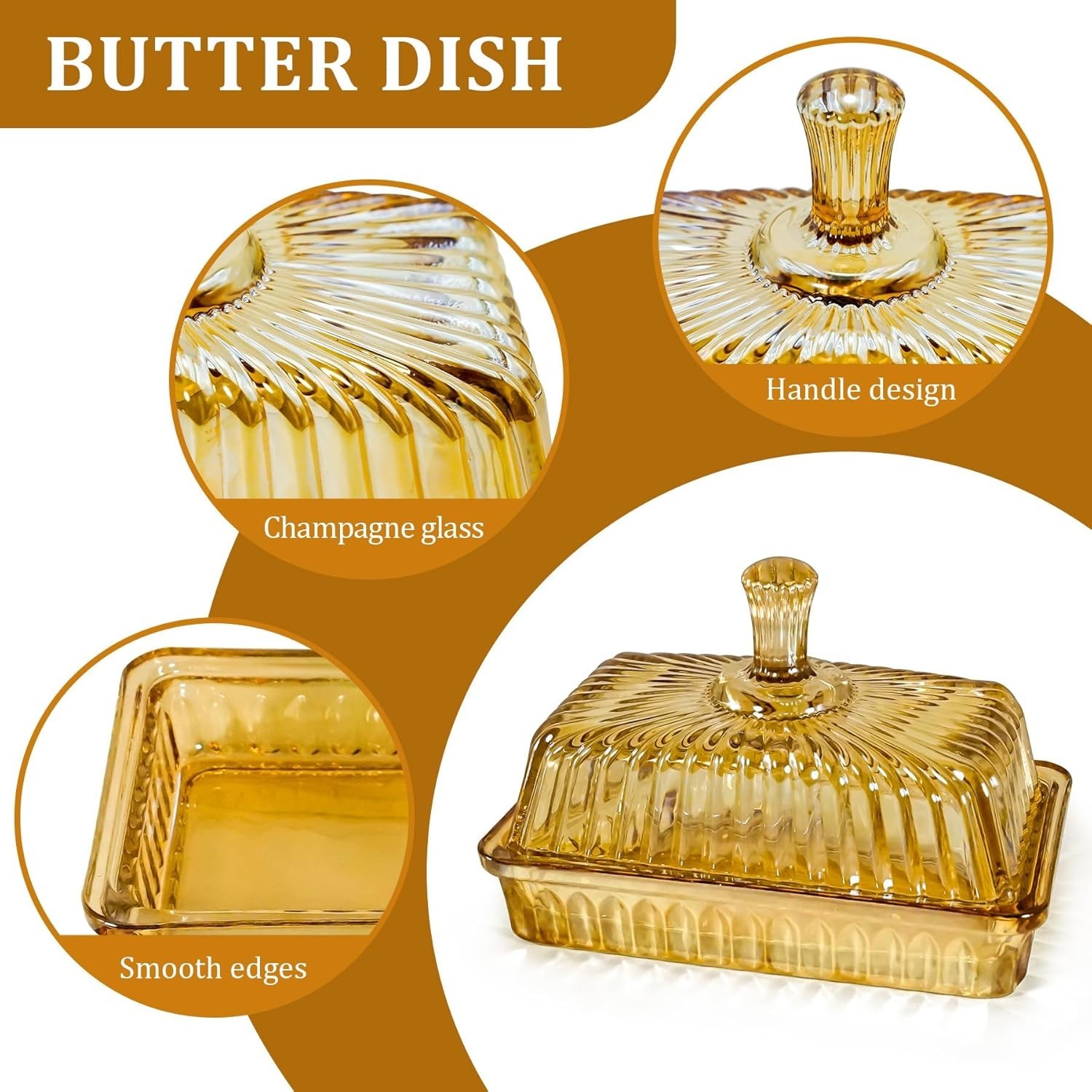 Champagne Color Glass Butter Dish with Lid or Countertop and Refrigerator,Cry…