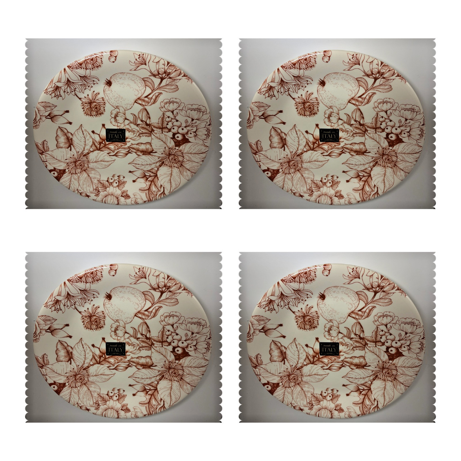 Set of 4 Ceramicheitalia 11″ Dinner Plates Sepia Color Fruit and Floral Design