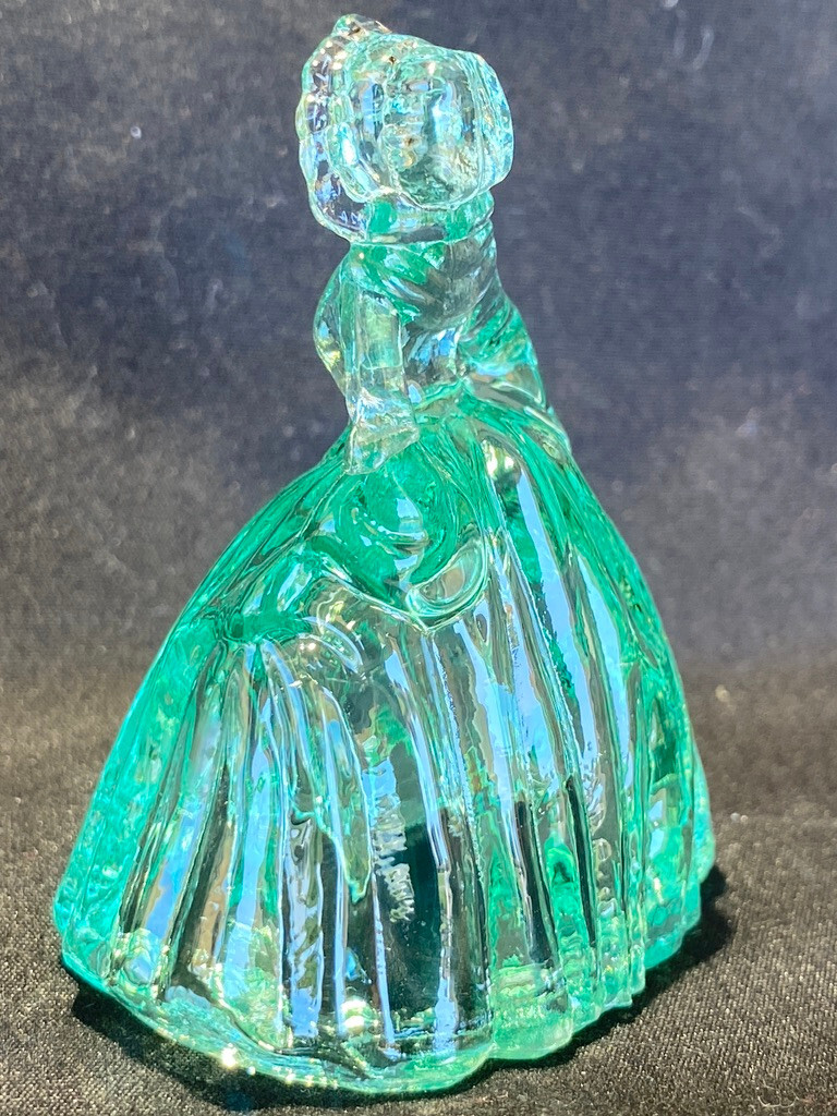 Green Vaseline uranium glass girl doll candy container woman Elizabeth Blue glow