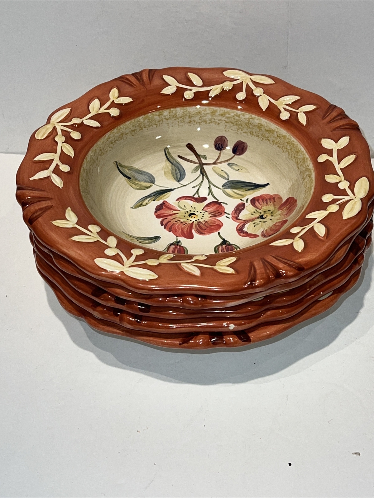 Lot 5 La Toscana by Certified Cereal Soup Serving Bowl Rust Rim Embossed Floral