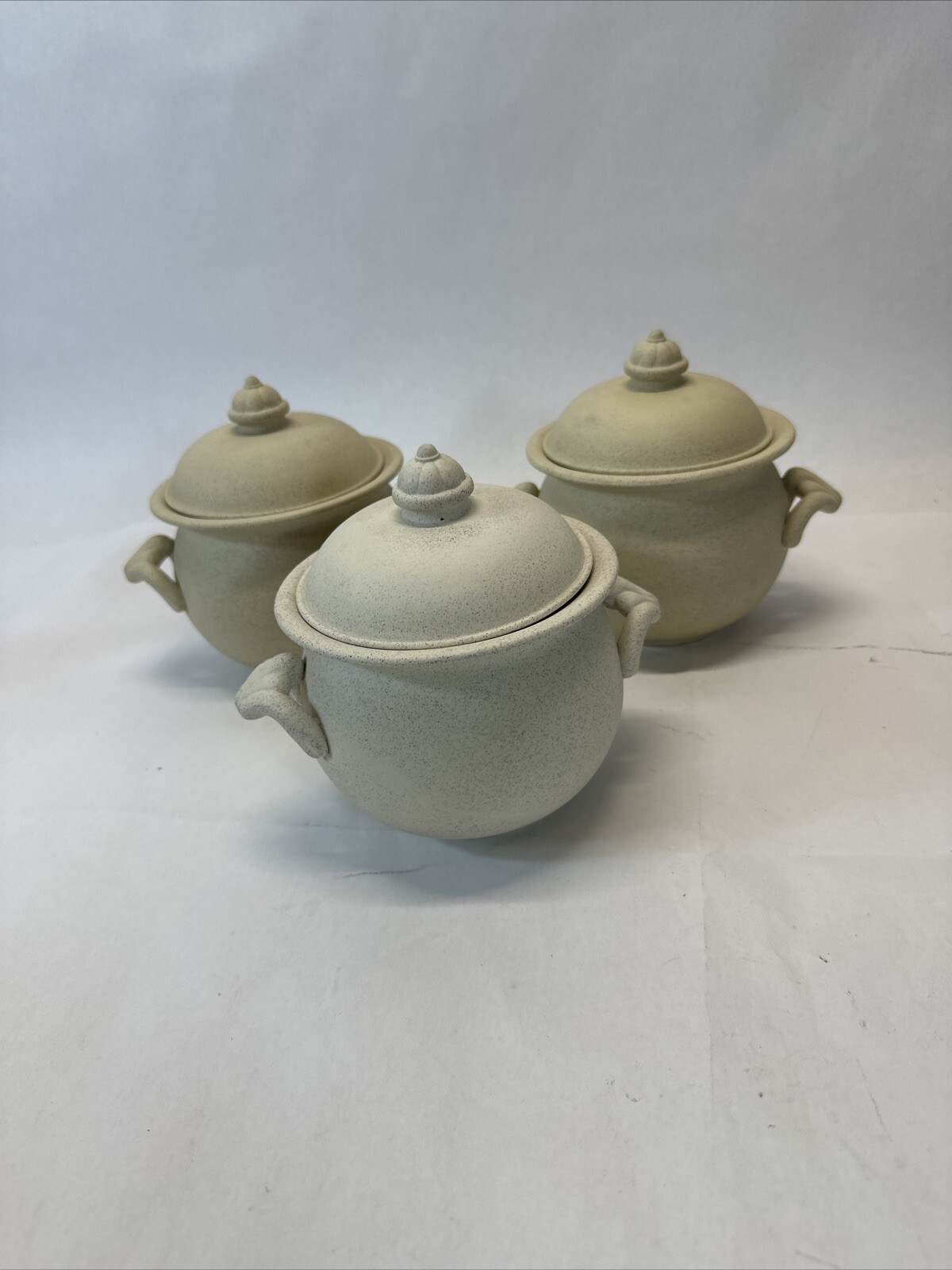 Unbranded Set Of Three Ceramic Bean Pots With Lids Fired But Not Glazed