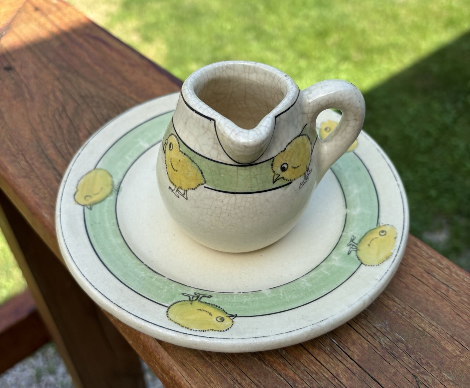 Roseville Juvenile Pottery Early Baby Chick Creamer And Saucer 1910s Child’s